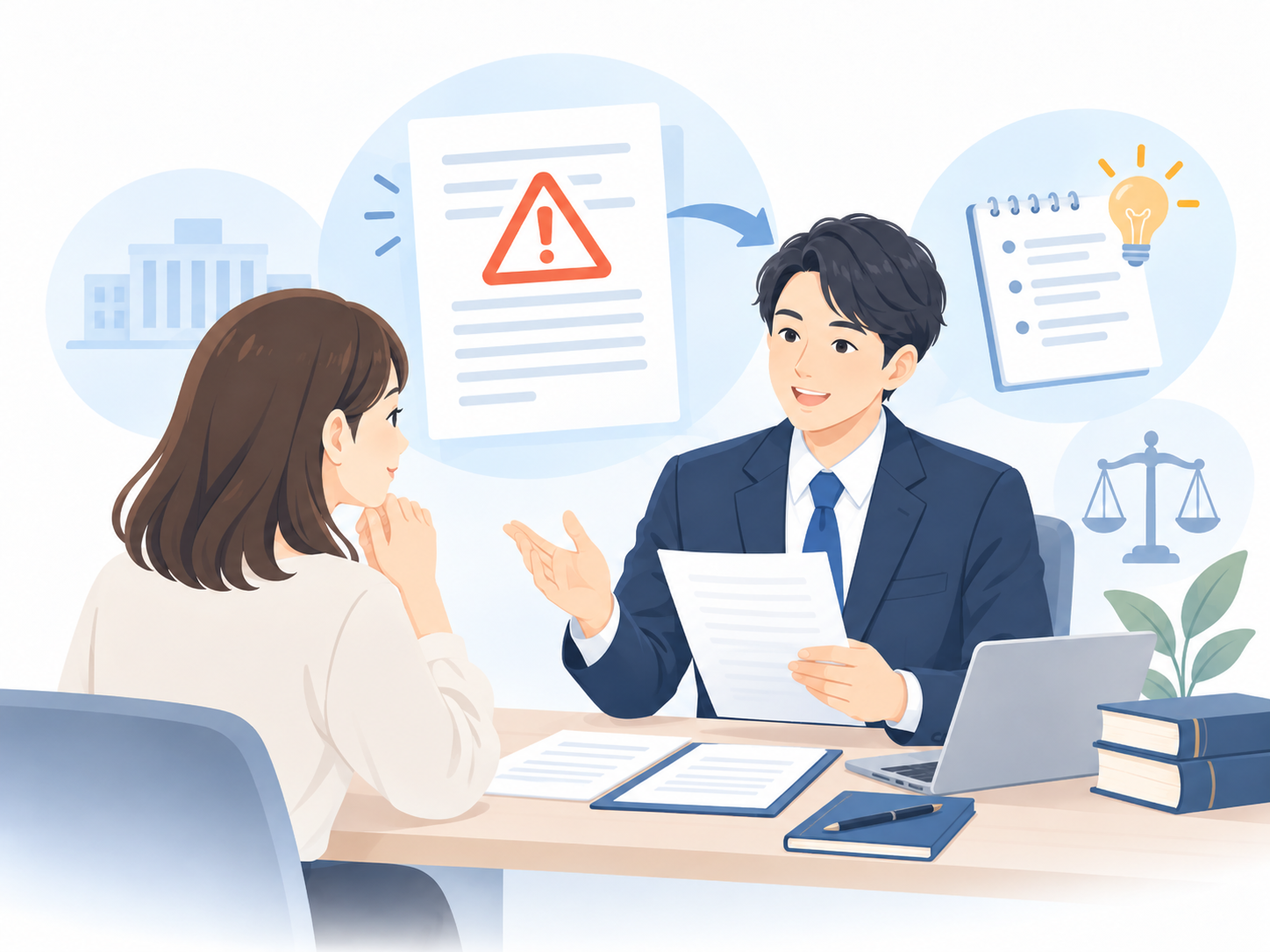 通知書を確認し、対応方法を相談している弁理士と相談者のイラスト
