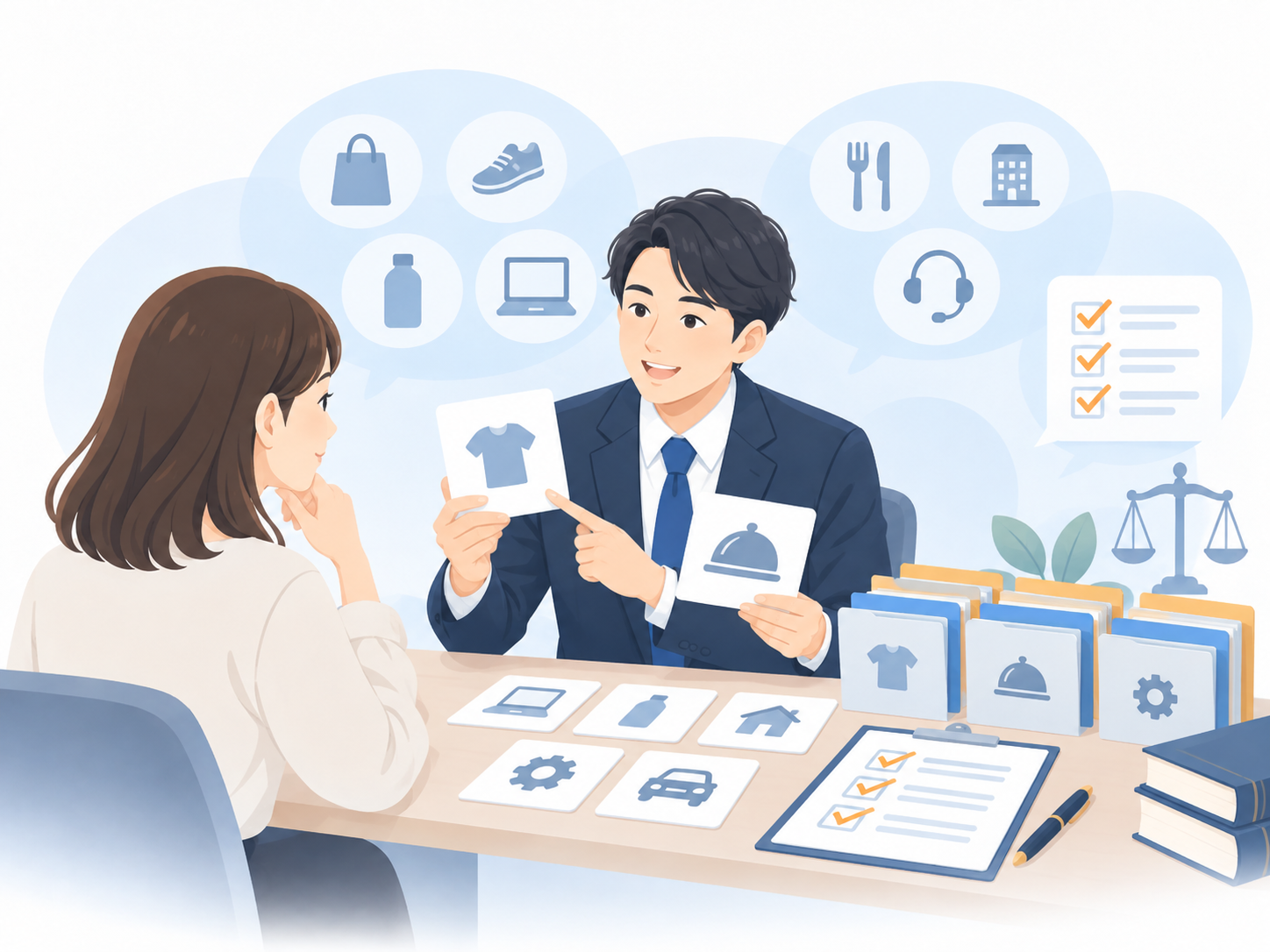 商品とサービスの内容を相談者と整理する弁理士のイラスト