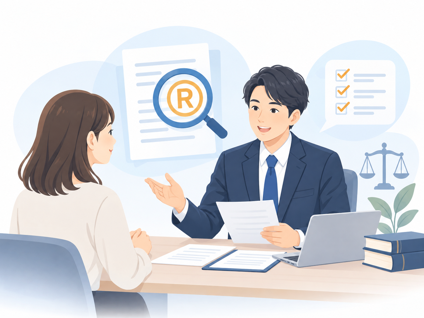 弁理士が相談者に商標出願について説明しているイラスト