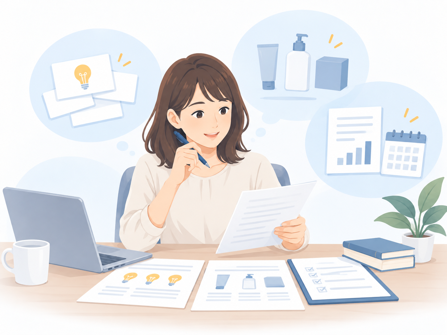 商標候補や商品・サービスの情報を相談前に整理する人のイラスト