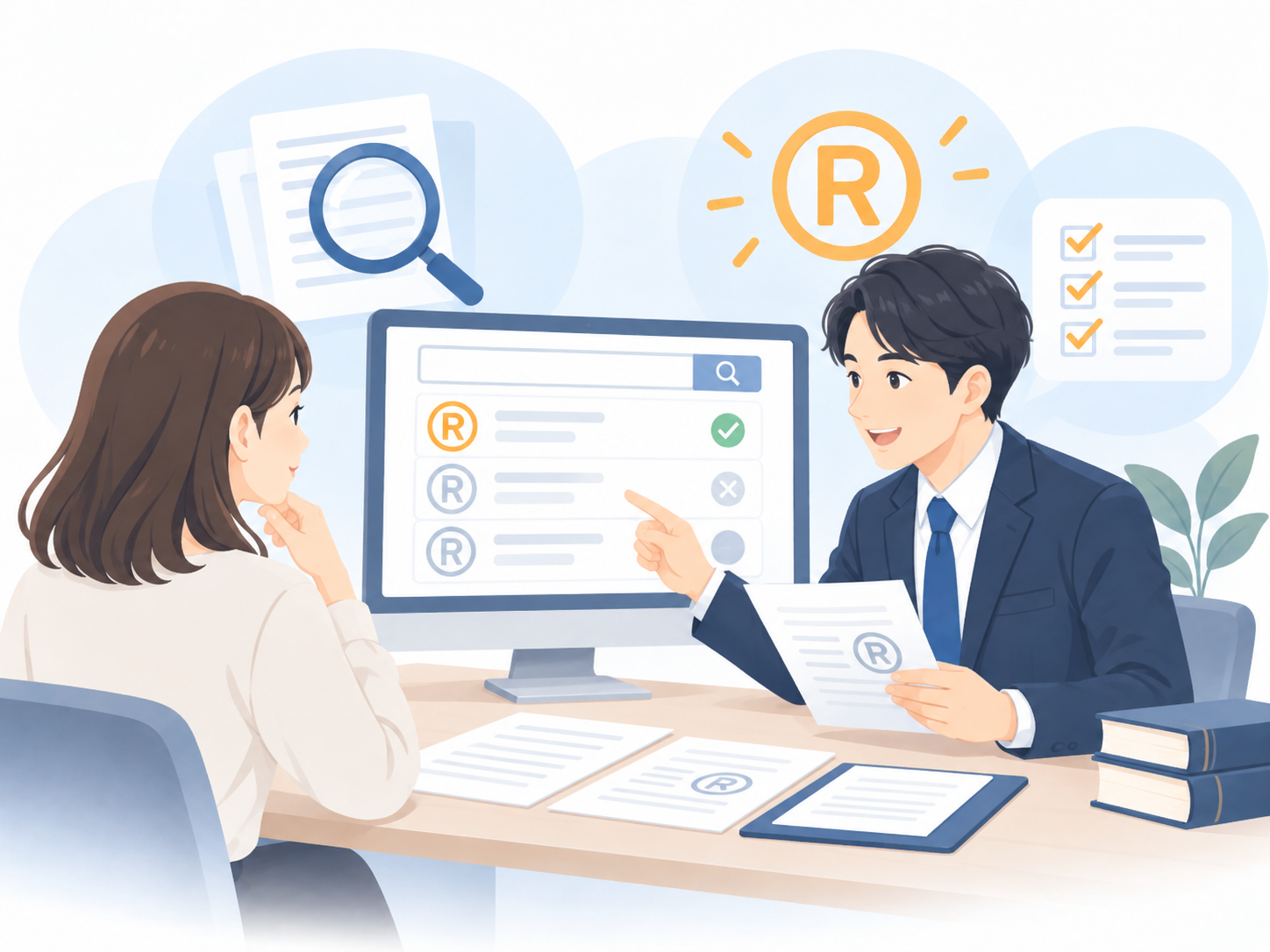 弁理士と相談者が商標の検索結果を確認しているイラスト
